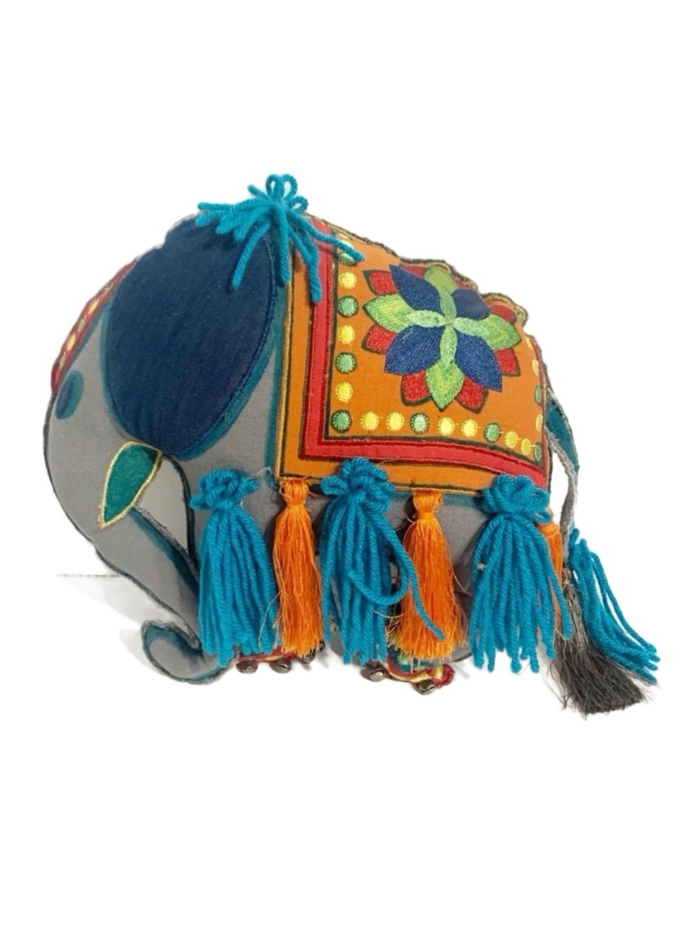 Unbranded Boho Embroidered Elephant Miniature Pillow with Tassels Bells 🩶💙🧡🐘